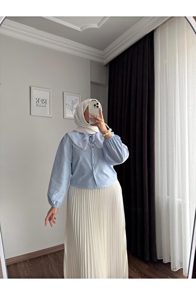 Refika Butik Cămașă de damă cu guler pentru bebeluș cu perle albastre - cu fustă de design