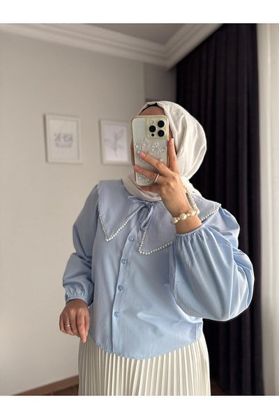 Refika Butik Cămașă de damă cu guler pentru bebeluș cu perle albastre - cu fustă de design