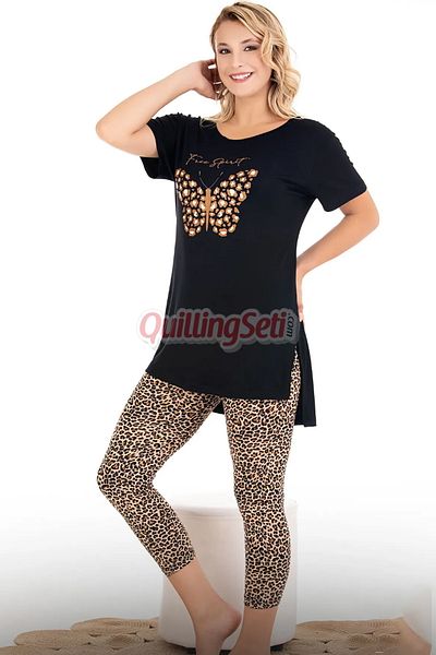 quilling Set de pijamale pentru femei, din bumbac, cu imprimeu leopard și culoare neagră, 12073 Capri și jambiere