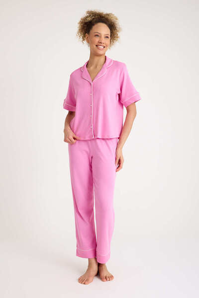 No52 HomeWear %90 Pamuk %10 Elestan Pembe Renk Premium kalite Kadın Kısa Kollu Pijama Takımı