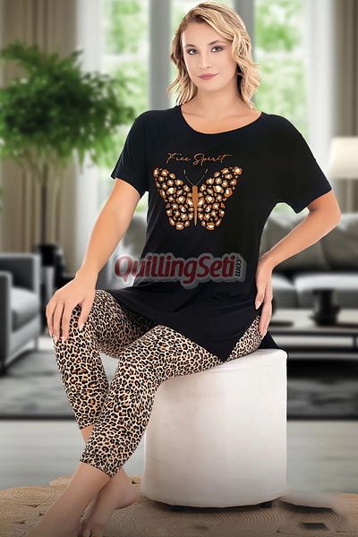 quilling Set de pijamale pentru femei, din bumbac, cu imprimeu leopard și culoare neagră, 12073 Capri și jambiere