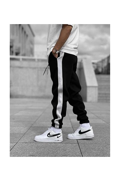 Relax family xf Μαύρο Oversize Jogger Sweatpants - Λευκή ρίγα, ελαστικό πόδι, βαμβακερό
