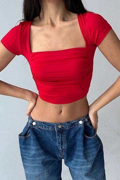Edela Square Neck Half Sleeve Drawstring Crop Blouse 5010