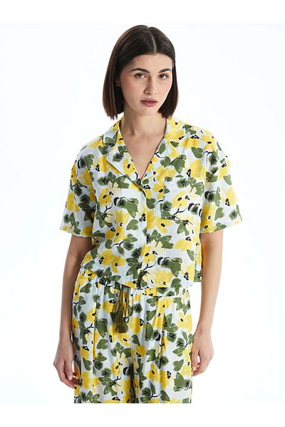 LC Waikiki Lcw Dream Blue Shirt Collar Floral Women's Pajama Suit