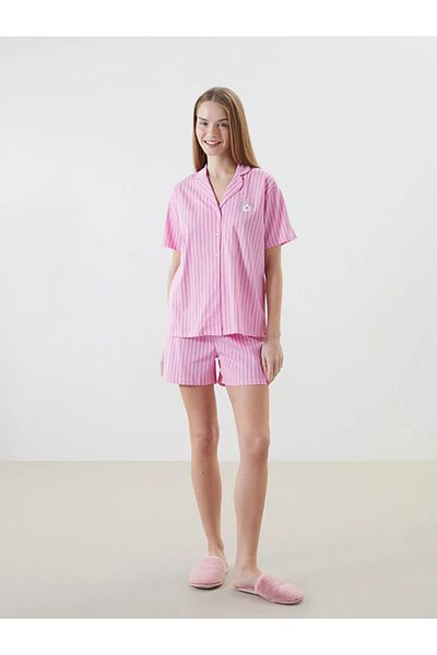 LC Waikiki Σετ πιτζάμες LCW Young Pink Shirt γιακά με ριγέ γυναικείο σορτς
