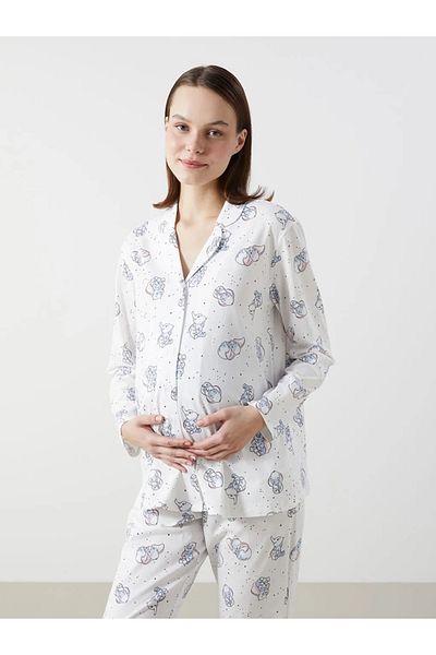 LC Waikiki Lcw Dream Ecru Shirt Collar Pattern Maternity Pajamas Set