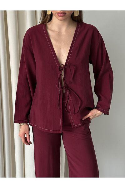 Laluvia Burgundy Tied Kimono Set - 8567