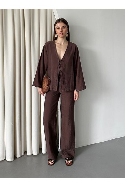 Laluvia Braunes Kimono-Set mit Schnürung – 8567