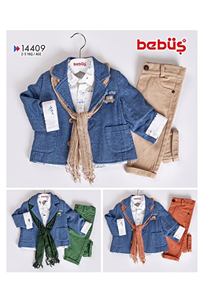 Bebüş Embroidered Jacket Printed Long Sleeve Shirt Tile Pants and Scarf 4-Piece Boy's Suit 14409