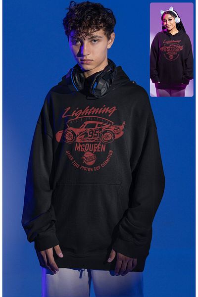 Fuddy Moda Unisex Oversize Hooded Sweatshirt - Cars Printed, Seven Time Piston Cup Champion Printed Hoodie