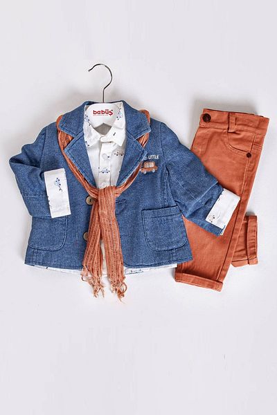 Bebüş Embroidered Jacket Printed Long Sleeve Shirt Tile Pants and Scarf 4-Piece Boy's Suit 14409