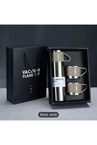 GiralStore Gift 3-Cup Steel Thermos Set 500 Ml. Vacuum Flask Set with Cardboard Bag - Black Beverage 500 ml