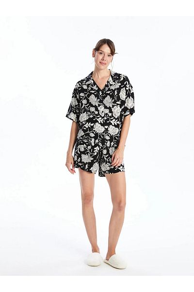 LC Waikiki LCW DREAM Set de pijamale pentru femei cu imprimeu cu guler de cămașă neagră