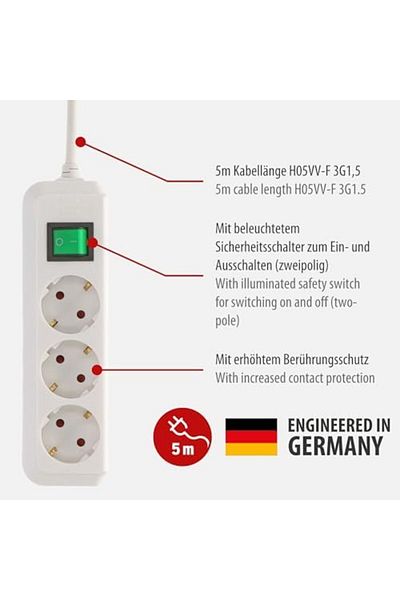 STOREMAX Smgshop Socket) - 3-Piece High Multi-Socket with 5m White Cable, Multi-Switch and Contact Protection