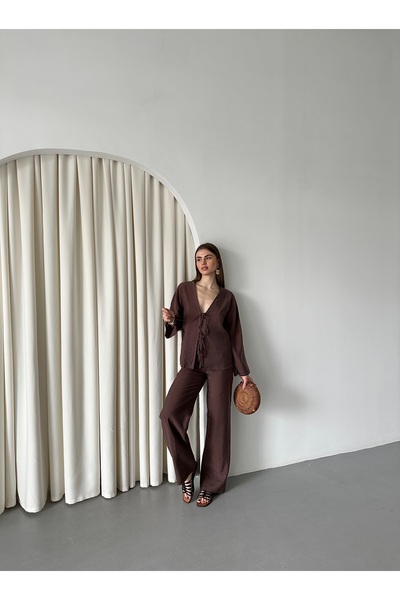 Laluvia Brown Tied Kimono Set - 8567