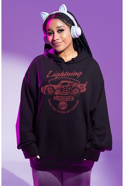 Fuddy Moda Unisex Oversize Hooded Sweatshirt - Cars Printed, Seven Time Piston Cup Champion Printed Hoodie
