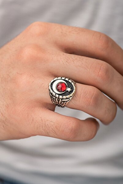 Ervanur Gümüş Kaplama Taşlı Ay Yıldız Erkek Yüzük