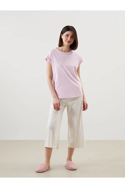 LC Waikiki Lcw Dream Pink Crew Neck Print Women's Capri Pajamas Set