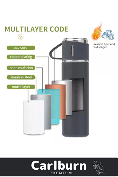 GiralStore Stainless Steel Black 3-Piece Cup Set Picnic Camping School Serving and Catering Water Soft Drink Tea Thermos Bottle