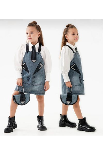Pasur Bebe Girl's Jeans Dress with Shirt and Bag