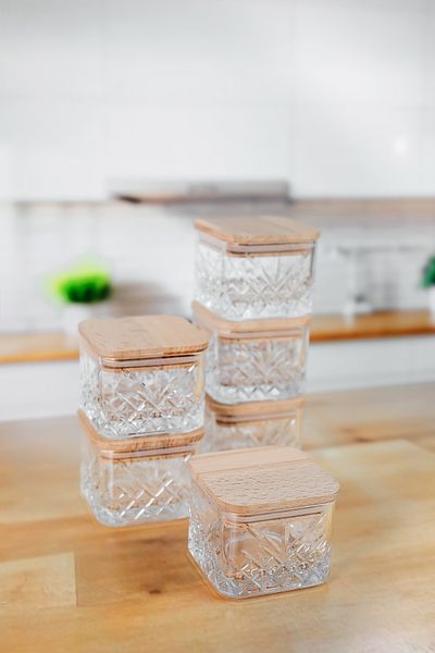 ZURİ DESİGN 6-Piece Timeless Square Wooden Vacuum - Glass Breakfast Storage Set 225 ml