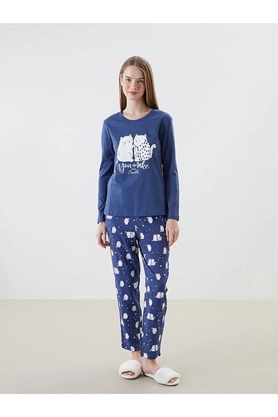 LC Waikiki Γυναικείο σετ πιτζάμες LCW DREAM Navy με στάμπα με λαιμόκοψη