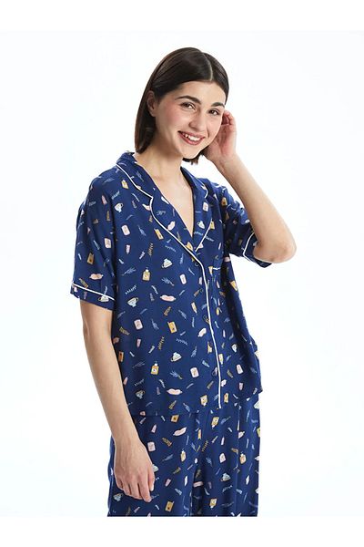 LC Waikiki Lcw Dream Navy Blue Shirt Collar Printed Women's Pajamas Set