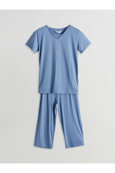 LC Waikiki Set pijama capri pentru femei LCW DREAM albastru cu decolteu în V