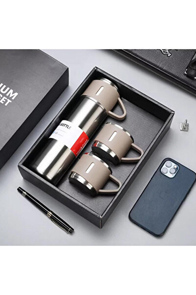 GiralStore Gift 3-Cup Steel Thermos Set 500 Ml. Vacuum Flask Set with Cardboard Bag - Black Beverage 500 ml