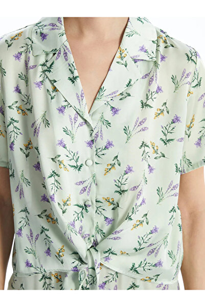 LC Waikiki LCW DREAM Yeşil Gömlek Yaka Çiçekli Saten Kadın Pijama Takım