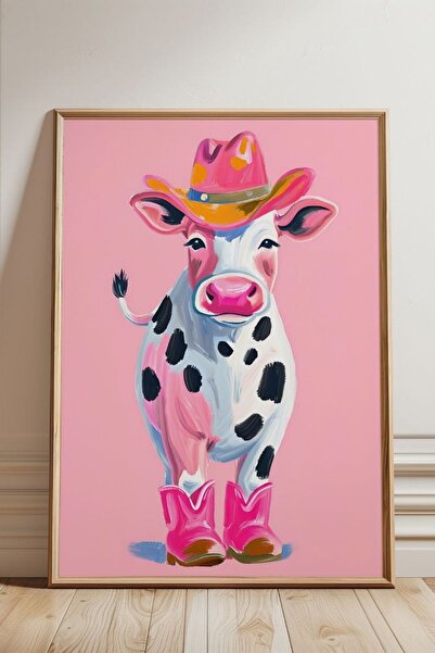 Alf Portraits Pembe Şapkalı Çizmeli Kovboy İnek Çerçevesiz Poster Baskı Mö Duvar Dekorasyonu İnekli Duvar Posteri