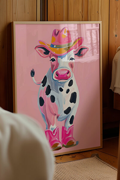 Alf Portraits Pembe Şapkalı Çizmeli Kovboy İnek Çerçevesiz Poster Baskı Mö Duvar Dekorasyonu İnekli Duvar Posteri