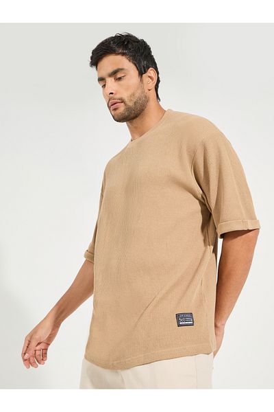 Styli Waffle Knit Oversized T-Shirt with Turn Up Sleeve