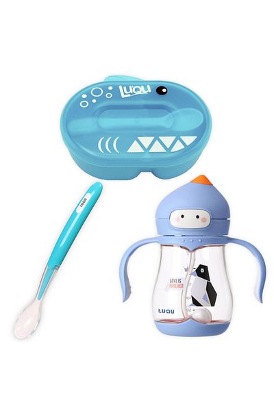 LUQU BABY LuQu Tritan Sippy Cup for Baby 240m-Feeding Bowl With Spoon Shark Shape, Silicone Spoon(Pink)