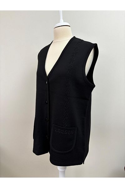 Özenli Triko Steel Knitted Black Mother's Vest with 4 Buttons and Ribbon