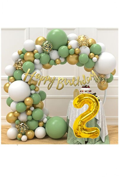 Partile 2Yaş Küf Yeşili Deniz Kumu ve Krom Gold Balonlu Konsept Doğum Günü Seti