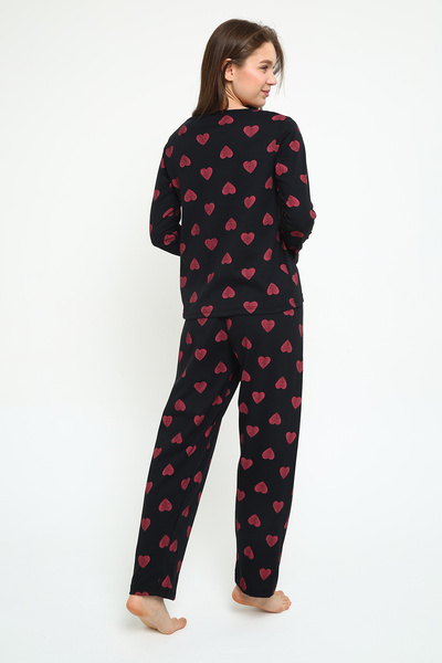 Trendglow Sada bavlněného pyžama s potiskem Big Hearts – černý široký výstřih s dlouhým rukávem