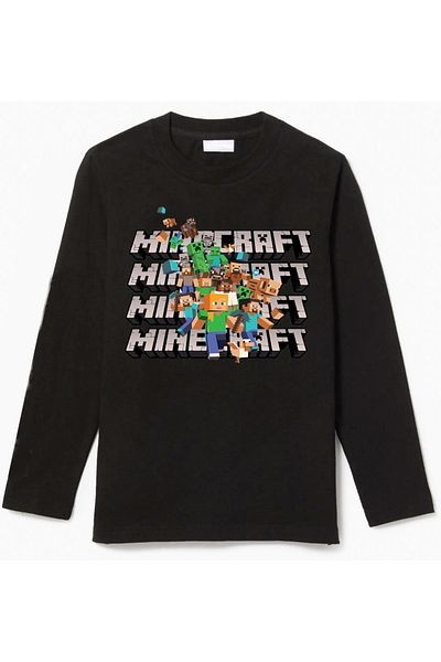 Efendioğlu Design Children's Long-Sleeved T-Shirt with Mine Craft Writing and Characters Long Sleeve Print
