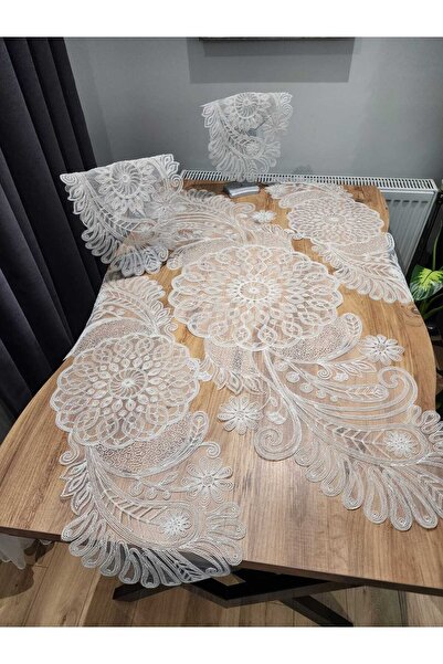 Tekstilife EV TEKSTİL çeyiz masa örtüsü amerikan servis runner dantel supla DOĞAL kordene 5 li set