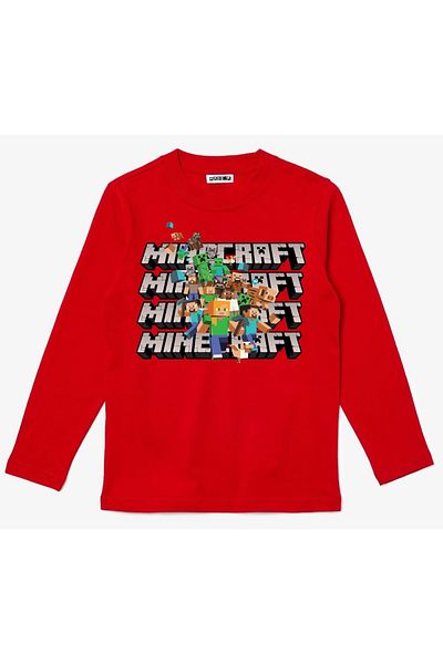 Efendioğlu Design Children's Long-Sleeved T-Shirt with Mine Craft Writing and Characters Long Sleeve Print