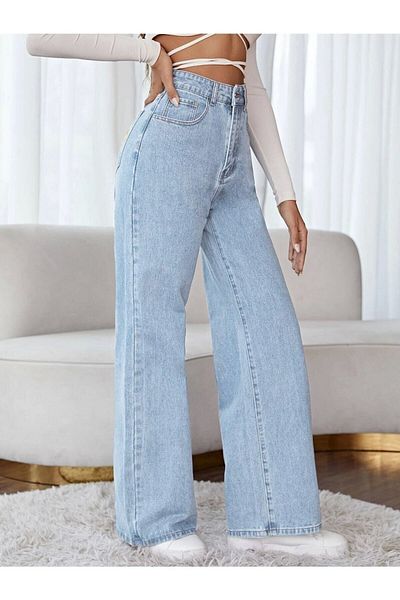 comfort jeans Blugi cu talie înaltă din Lycra albastru, cu picioare largi, cu picioare largi