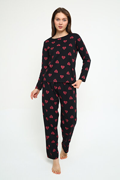 Trendglow Sada bavlněného pyžama s potiskem Big Hearts – černý široký výstřih s dlouhým rukávem