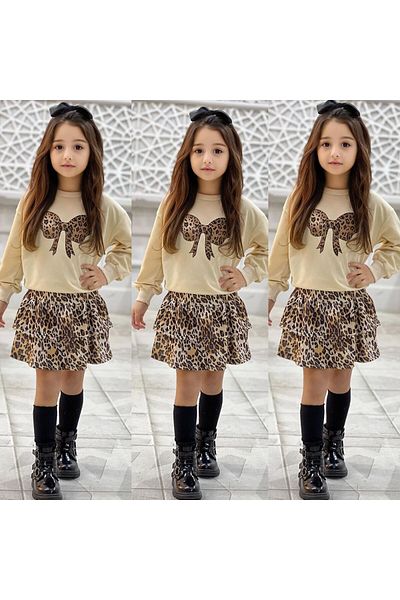 ARBİ kids Girl's Leopard Skirt Double Style Suit Buy One Size Larger