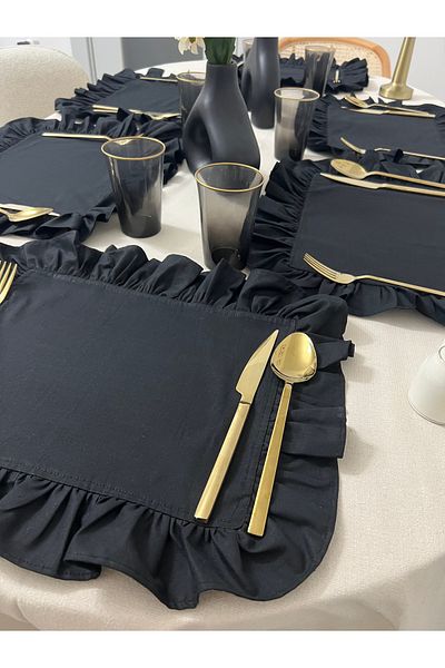Mirilliahome Set de 6 lenjerie neagră din bumbac, serviciu american cu volane și supla