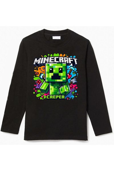 Efendioğlu Design Long-Sleeved Mine Craft Creper Character Long Sleeve Printed Children's T-Shirt