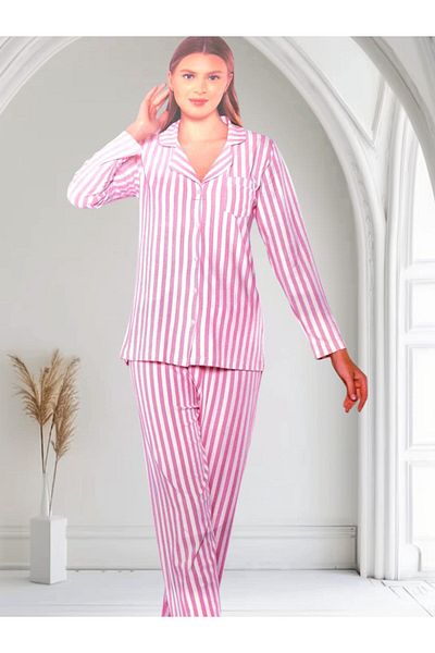 Alperi Front Button Long Sleeve Women's Pajamas Set Pink Striped