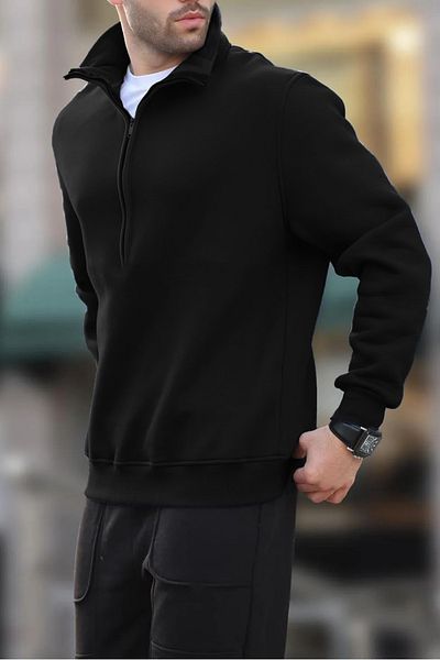 ruNadeS Black Half Zippered Stand Collar Sweatshirt with Fleece Inside Winter Unisex 3 Thread
