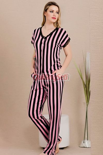 quilling Pink - Black Color and Line Print Lady 12496 Cotton Viscose Women's Short Sleeve Pajamas Set