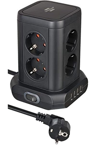 STOREMAX برج مقبس Ntwork، 8 أقسام، مع USB، معتمد من TÜV Süd (كتلة مقبس 8 أقسام، 4 × USB، أسود