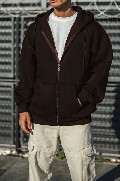 ruNadeS Brown Men's 3-Thread Seasonal Zip-Up Hooded Fleece Cardigan Jacket